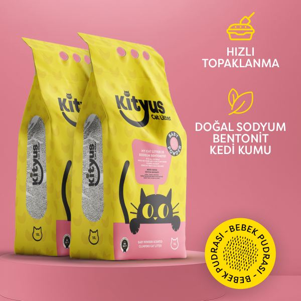 2'li Avantaj Paketi İnce Taneli Tozsuz, Topaklanan Bebek Pudralı Bentonit Kedi Kumu 2x10lt - 2