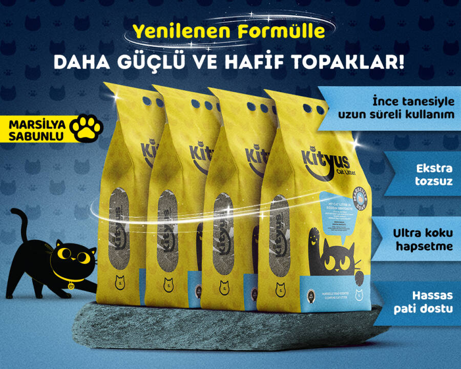 4'lü Avantaj Paketi Ekstra Hijyenik İnce Taneli Topaklanan Tozsuz Marsilya Sabunlu Kedi Kumu 4x5lt - 1