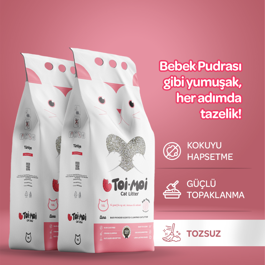 2'li Avantaj Paketi Tozsuz, Topaklanan, Emiciliği Yüksek Bebek Pudralı Bentonit Kedi Kumu 2x10Kg - 2