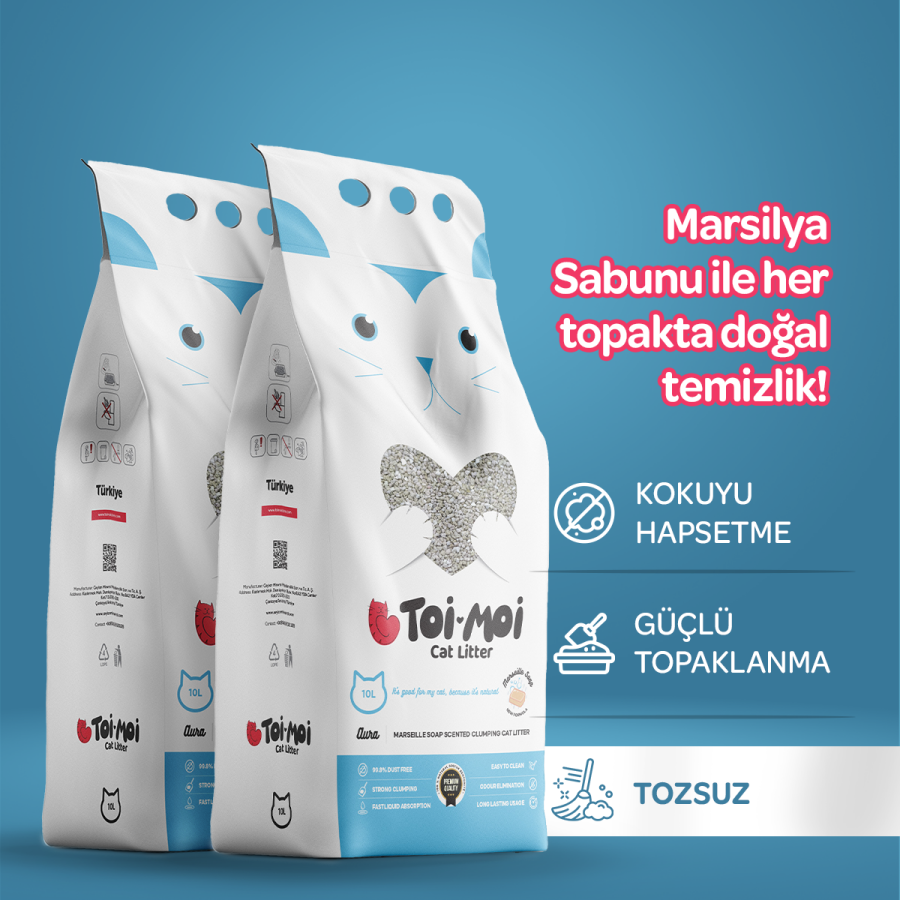 2'li Avantaj Paketi Topaklanan,Tozsuz,Hijyenik Marsilya Sabunlu Bentonit Kedi Kumu 2x10Kg - 1