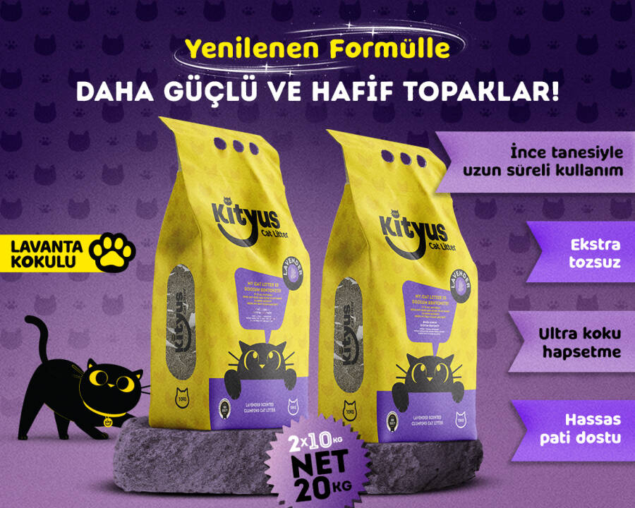 2'li Avantaj Paketi İnce Taneli Tozsuz, Topaklanan Lavanta Kokulu Bentonit Kedi Kumu 2x10kg - 1