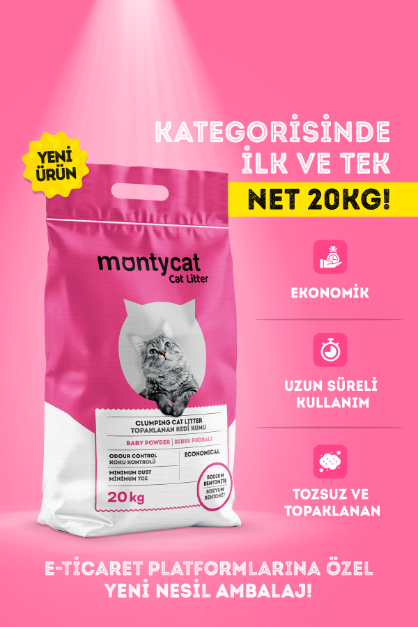 Net 20KG Kahverengi Bentonit, Topaklanan, Tozsuz, Bebek Pudralı Ekonomik Kedi Kumu - 1