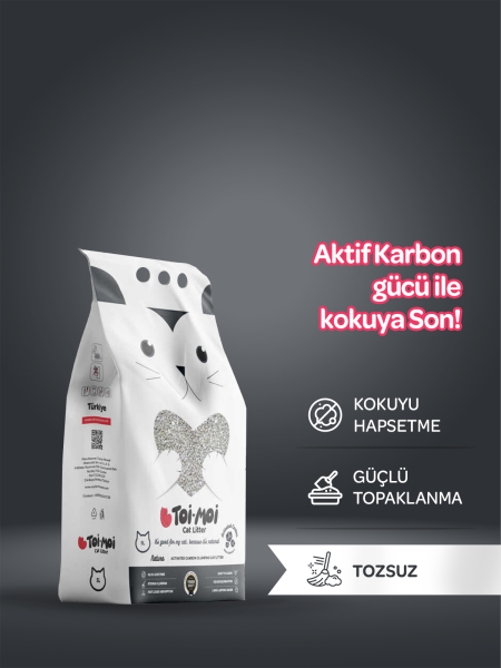 Koku Hapseden, Topaklanan,Tozsuz Aktif Karbonlu Bentonit Kedi Kumu 5kg - 2